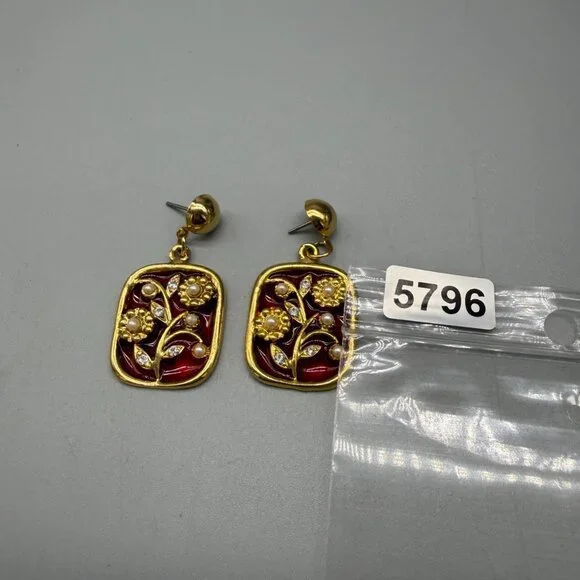Earrings Dangle Floral Rhinestone Faux Pearls Enamel Asian Gold Tone - Picture 7 of 7
